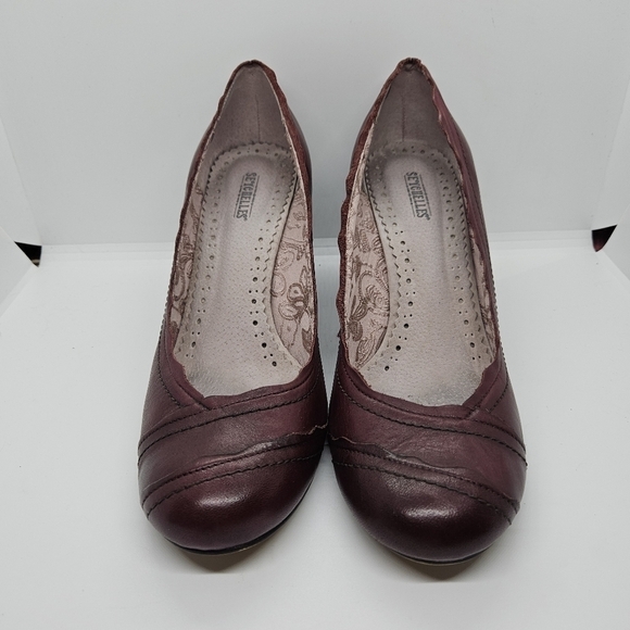 Seychelles Powers of Persuasion dark red maroon scalloped wedges size 10 - Picture 2 of 10